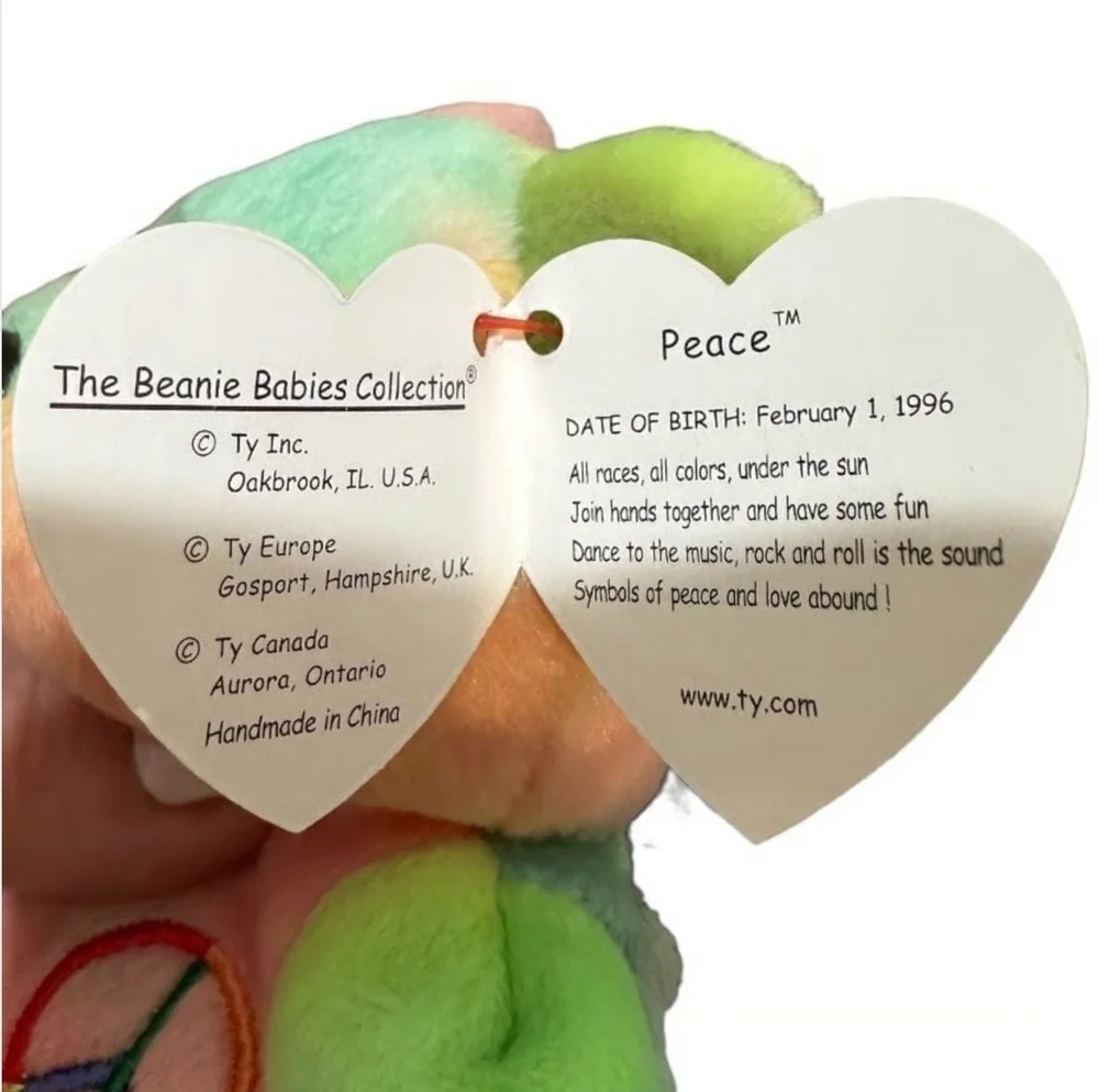 TY Beanie Baby Peace Bear Neon Color Blocks 1996 Collectible Stuffed Toy NWT